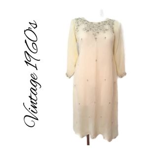 Vintage 1960's Silk Gown Dress Embroidered Detail